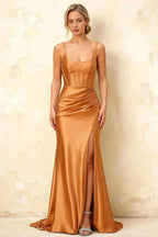 Isabella Bronze Satin Square Neck Maxi Dress