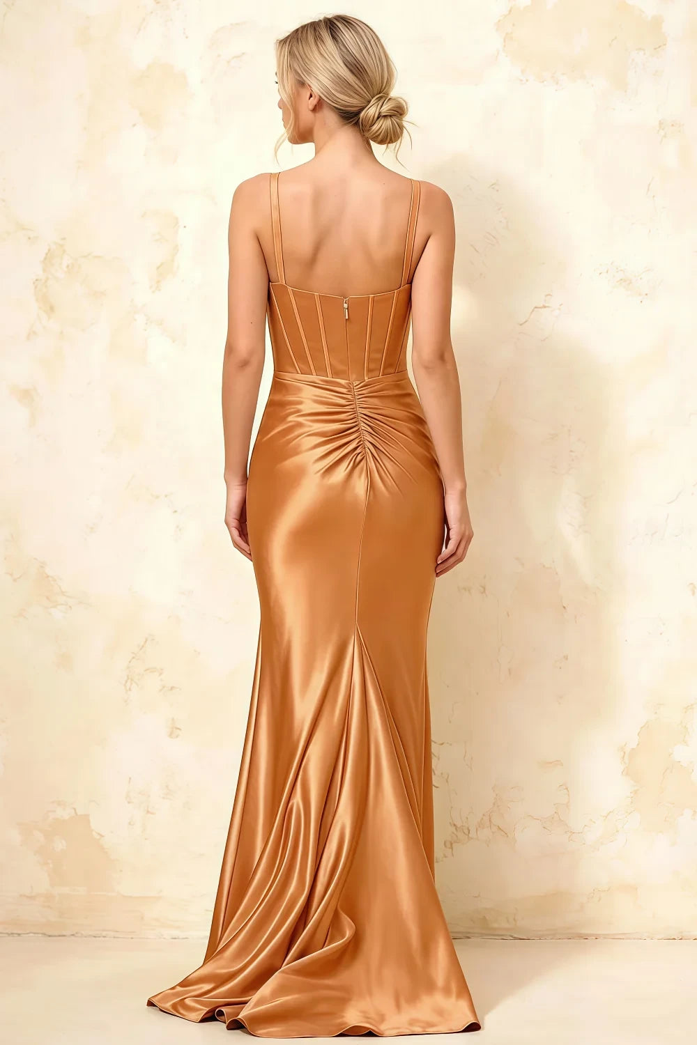 Isabella Bronze Satin Square Neck Maxi Dress