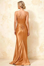 Isabella Bronze Satin Square Neck Maxi Dress