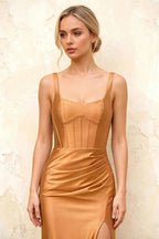 Isabella Bronze Satin Square Neck Maxi Dress