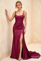 Isabella Burgundy Satin Square Neck Maxi Dress