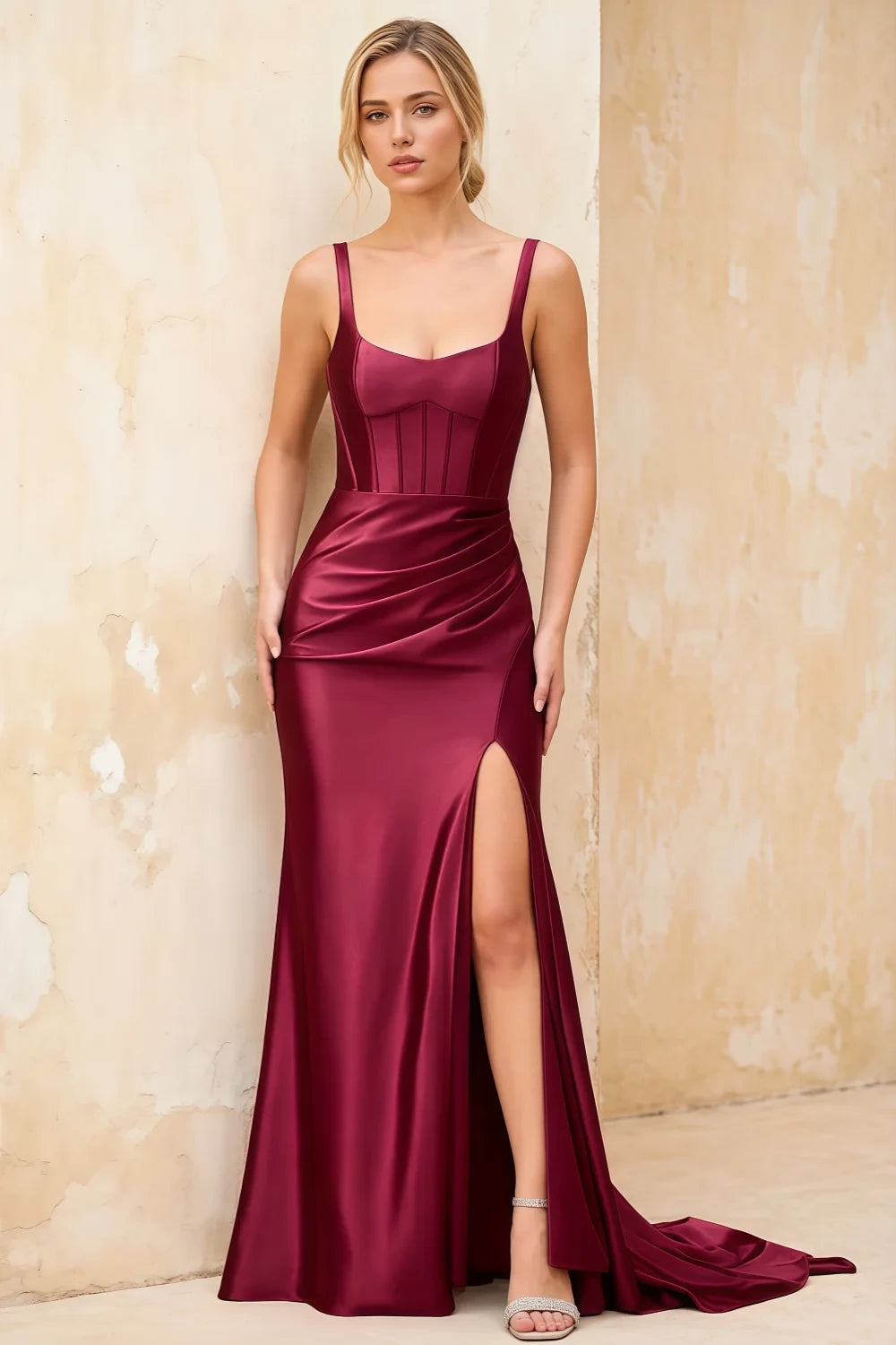 Isabella Burgundy Satin Square Neck Maxi Dress