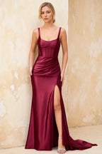 Isabella Burgundy Satin Square Neck Maxi Dress