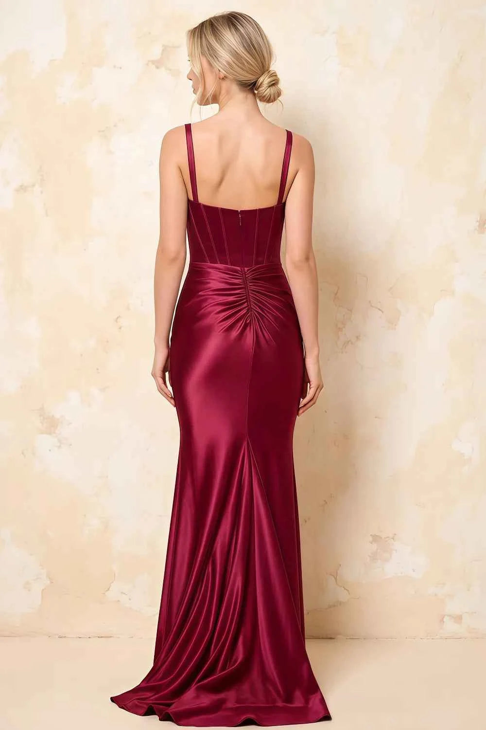 Isabella Burgundy Satin Square Neck Maxi Dress