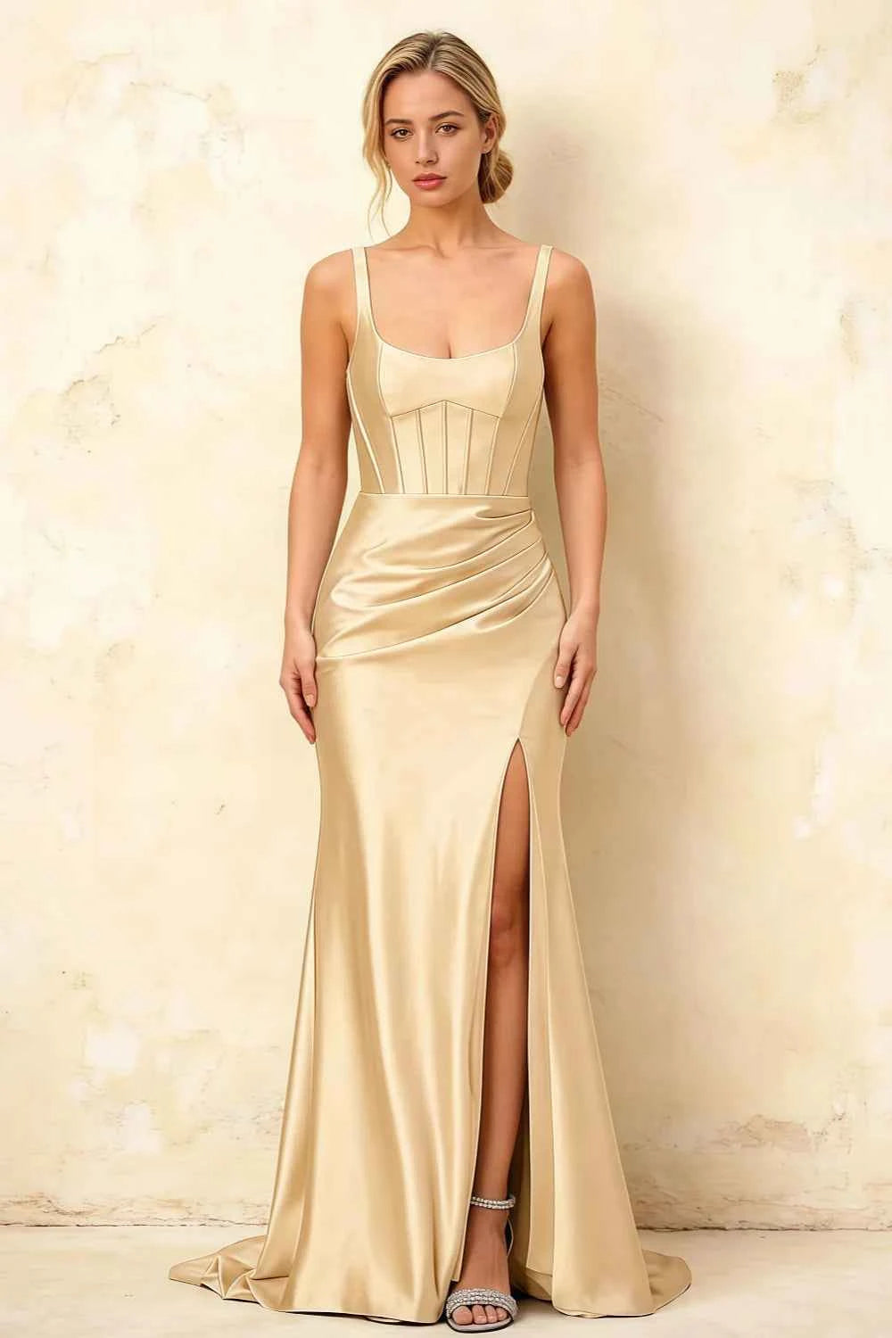 Isabella Champagne Satin Square Neck Maxi Dress Main image