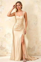 Isabella Champagne Satin Square Neck Maxi Dress