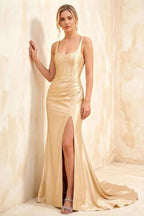 Isabella Champagne Satin Square Neck Maxi Dress