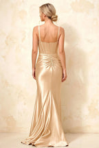 Isabella Champagne Satin Square Neck Maxi Dress