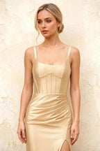 Isabella Champagne Satin Square Neck Maxi Dress