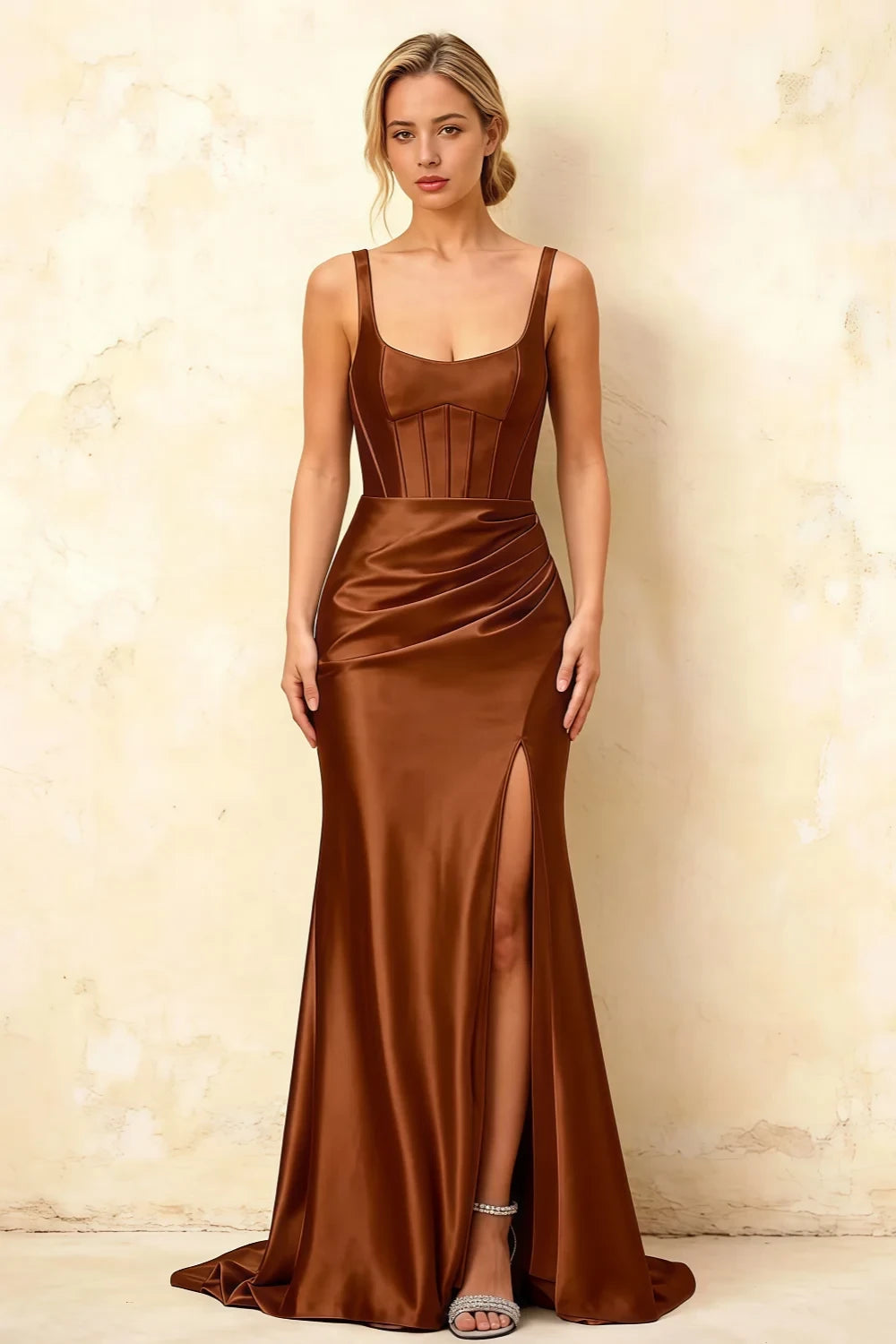 Isabella Chocolate Satin Square Neck Maxi Dress