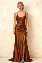 Isabella Chocolate Satin Square Neck Maxi Dress