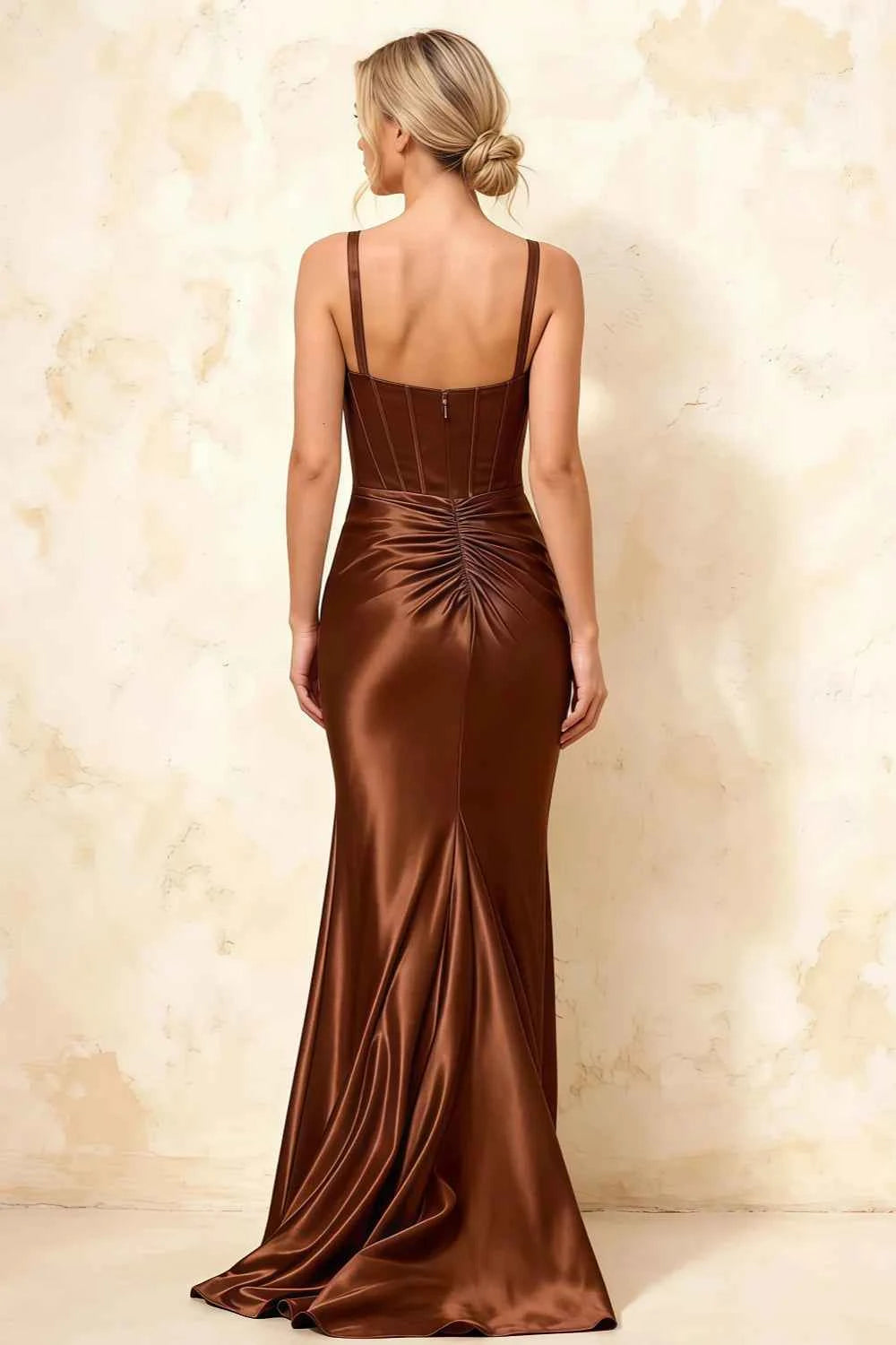 Isabella Chocolate Satin Square Neck Maxi Dress