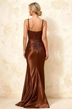 Isabella Chocolate Satin Square Neck Maxi Dress