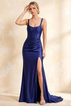 Isabella Dark Navy Satin Square Neck Maxi Dress