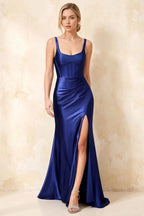 Isabella Dark Navy Satin Square Neck Maxi Dress