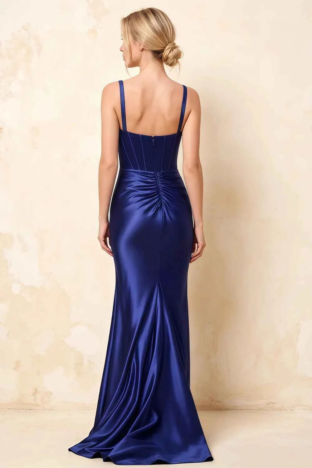 Isabella Dark Navy Satin Square Neck Maxi Dress