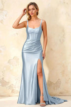Isabella Dusty Blue Satin Square Neck Maxi Dress
