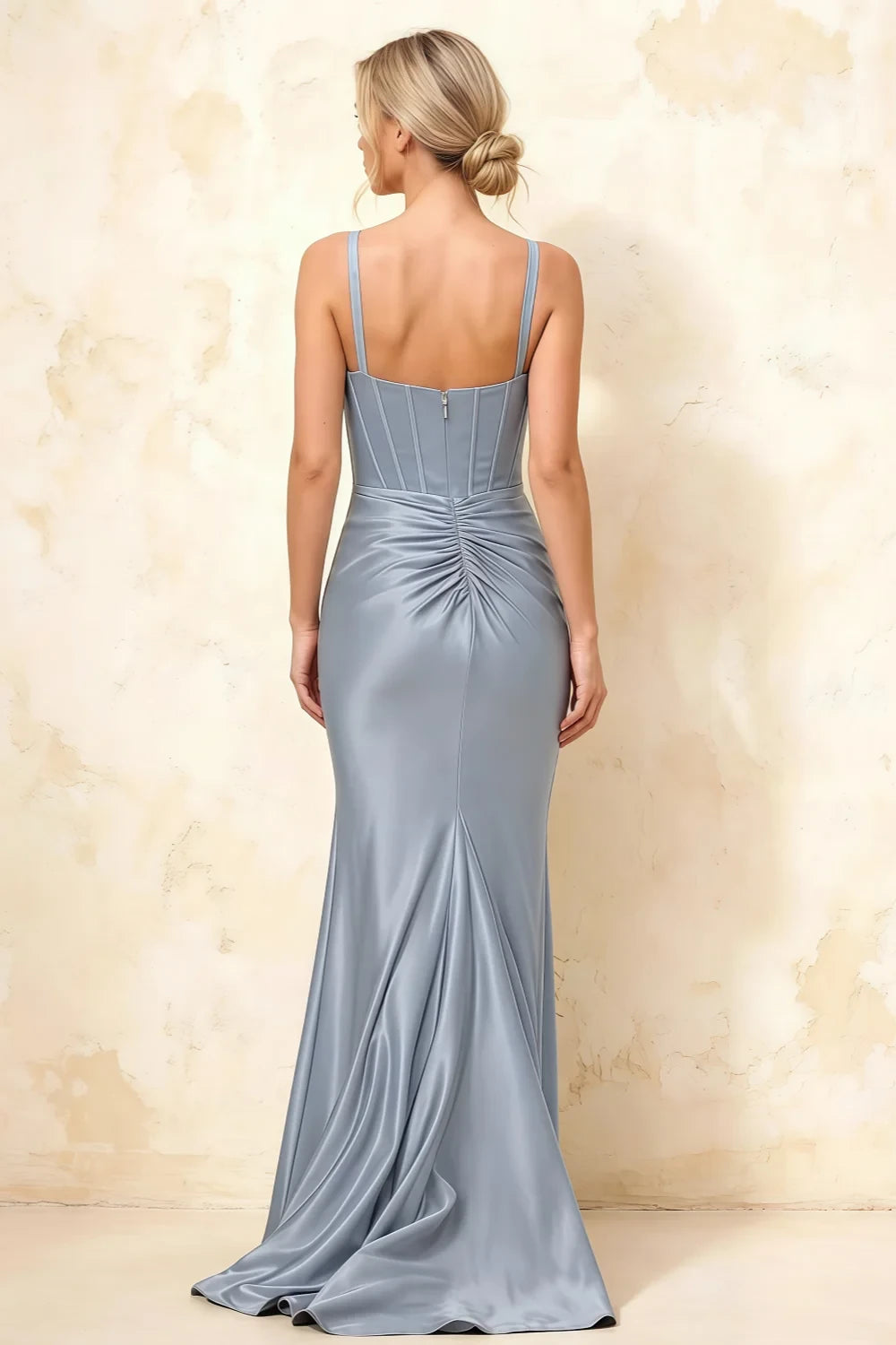 Isabella Dusty Blue Satin Square Neck Maxi Dress