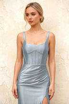 Isabella Dusty Blue Satin Square Neck Maxi Dress