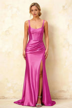 Isabella Fuchsia Satin Square Neck Maxi Dress
