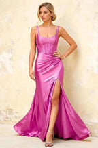 Isabella Fuchsia Satin Square Neck Maxi Dress