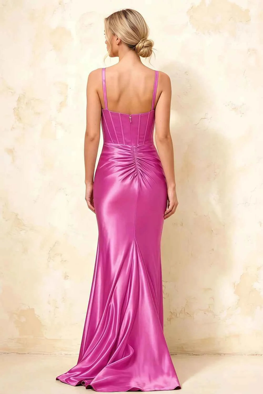 Isabella Fuchsia Satin Square Neck Maxi Dress