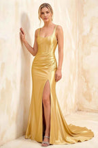 Isabella Golden Satin Square Neck Maxi Dress