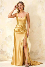 Isabella Golden Satin Square Neck Maxi Dress