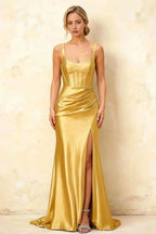 Isabella Golden Satin Square Neck Maxi Dress