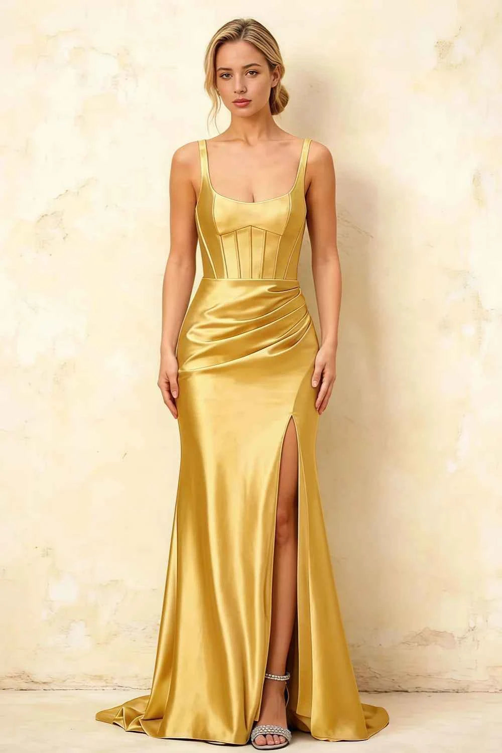 Isabella Golden Satin Square Neck Maxi Dress