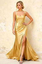 Isabella Golden Satin Square Neck Maxi Dress