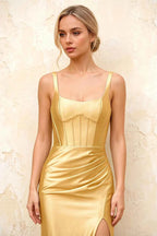 Isabella Golden Satin Square Neck Maxi Dress