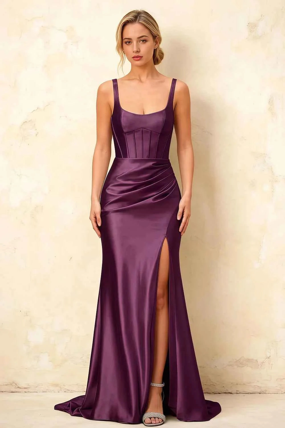 Isabella Grape Satin Square Neck Maxi Dress