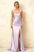 Isabella Lavender Satin Square Neck Maxi Dress