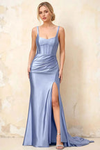 Isabella Light Blue Satin Square Neck Maxi Dress