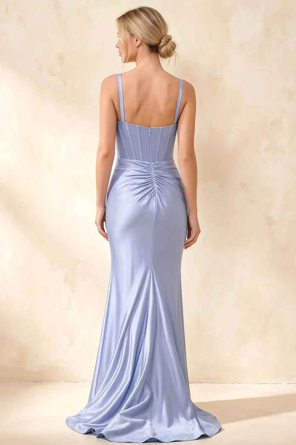 Isabella Light Blue Satin Square Neck Maxi Dress