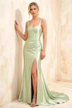 Isabella Mint Green Satin Square Neck Maxi Dress