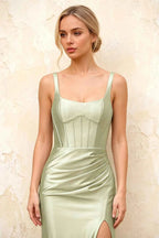 Isabella Mint Green Satin Square Neck Maxi Dress