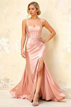 Isabella Pink Satin Square Neck Maxi Dress