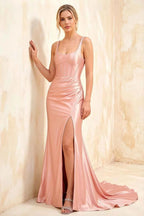 Isabella Pink Satin Square Neck Maxi Dress