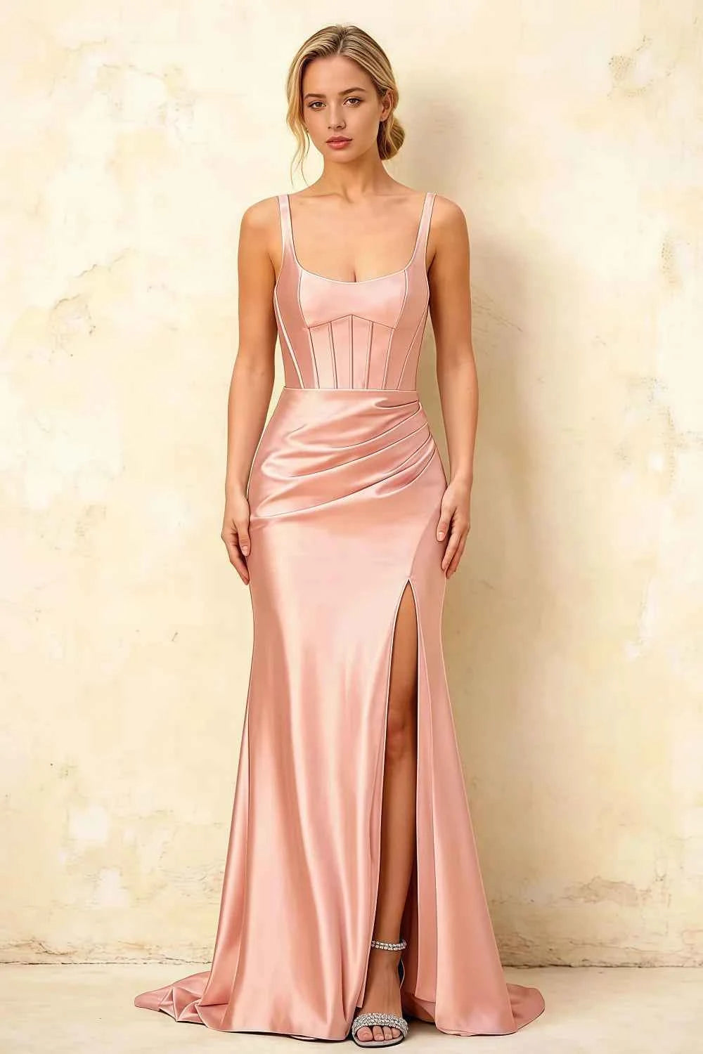 Isabella Pink Satin Square Neck Maxi Dress