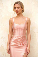 Isabella Pink Satin Square Neck Maxi Dress