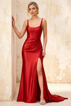 Isabella Red Satin Square Neck Maxi Dress