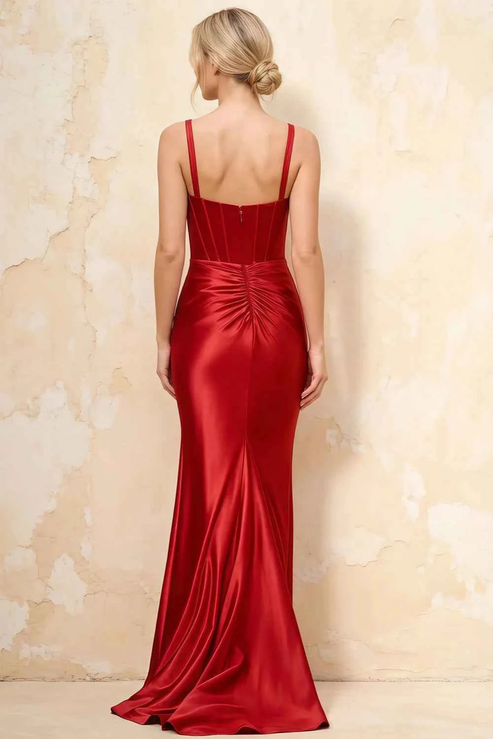 Isabella Red Satin Square Neck Maxi Dress