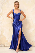 Isabella Royal Blue Satin Square Neck Maxi Dress