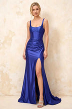 Isabella Royal Blue Satin Square Neck Maxi Dress