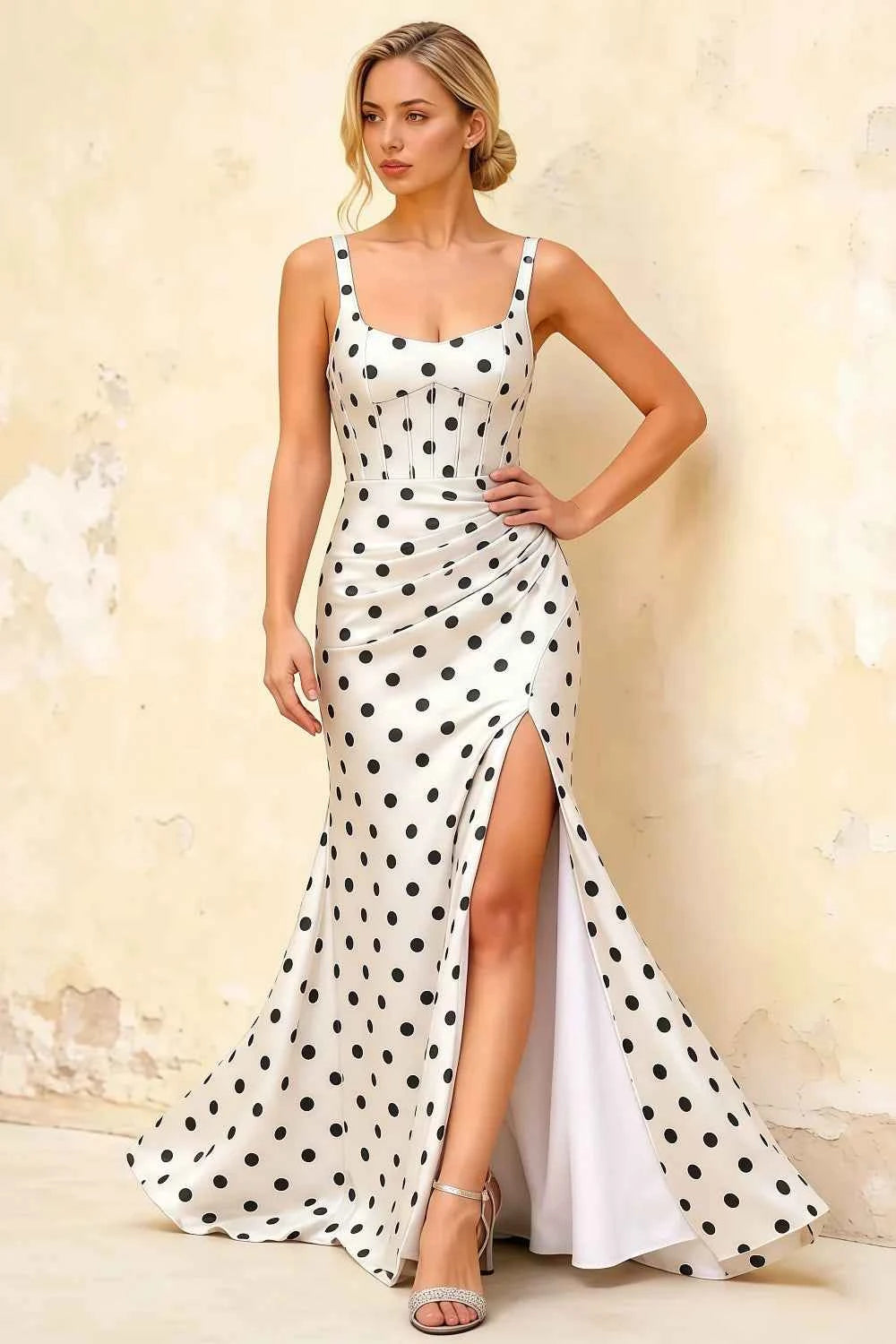 Isabella White Polka Dot Square Neck Maxi Dress