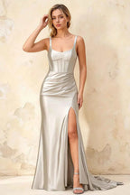 Isabella White Satin Square Neck Maxi Dress