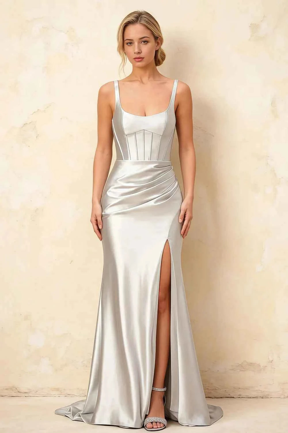 Isabella White Satin Square Neck Maxi Dress