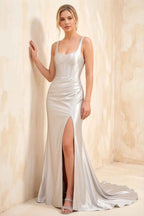 Isabella White Satin Square Neck Maxi Dress